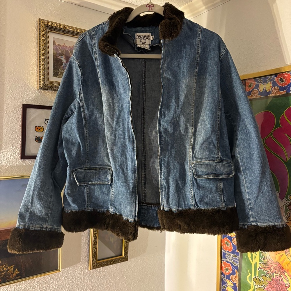 Vintage Denim Zip Jacket with Faux Fur